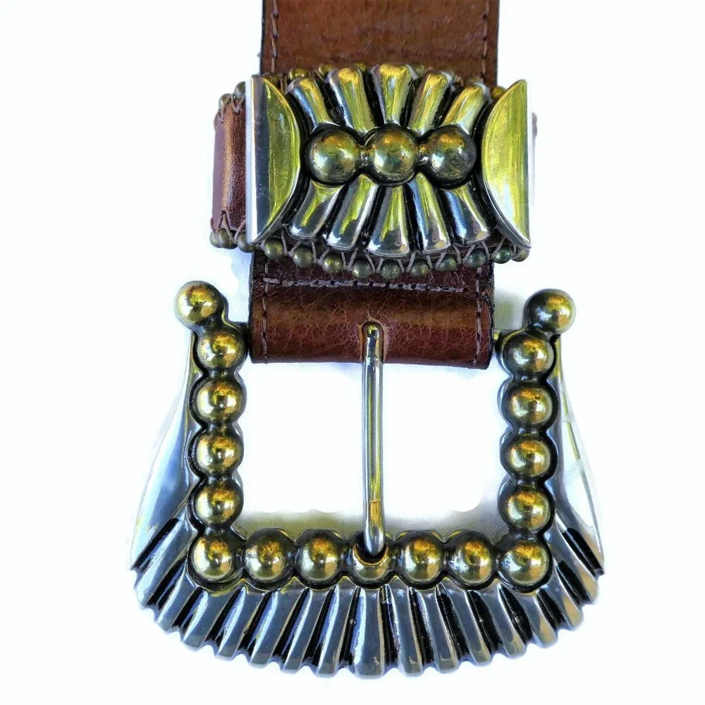 Vintage Italian Brown Leather Belt Silver Goldtone Buckle Loop Tip Hardware USA